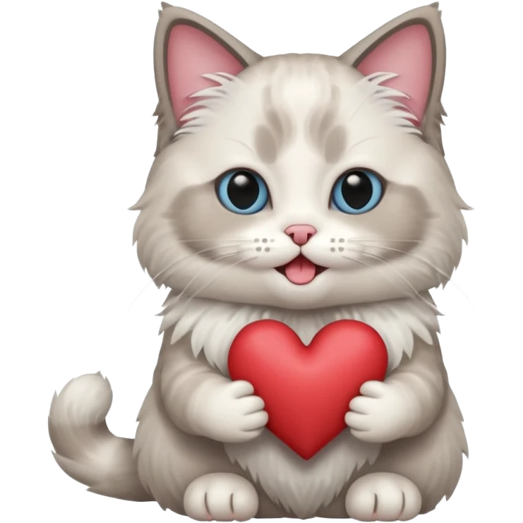 Full body ragdoll Cat holding a heart and mouth open, blush on cheeks emoji