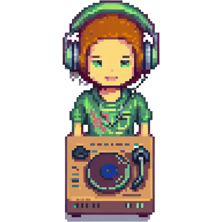 pixel art deejay character with headphones and turntable emoji