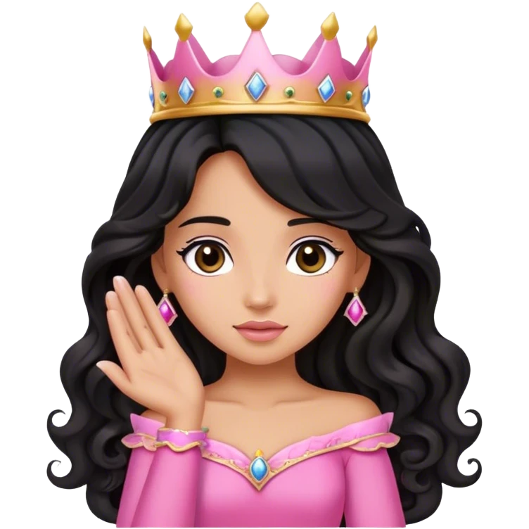 Very very very tanned skin princess, with long black wavy hair and crown and an pink princess outfit with a cute pose with face leaned on her hands emoji