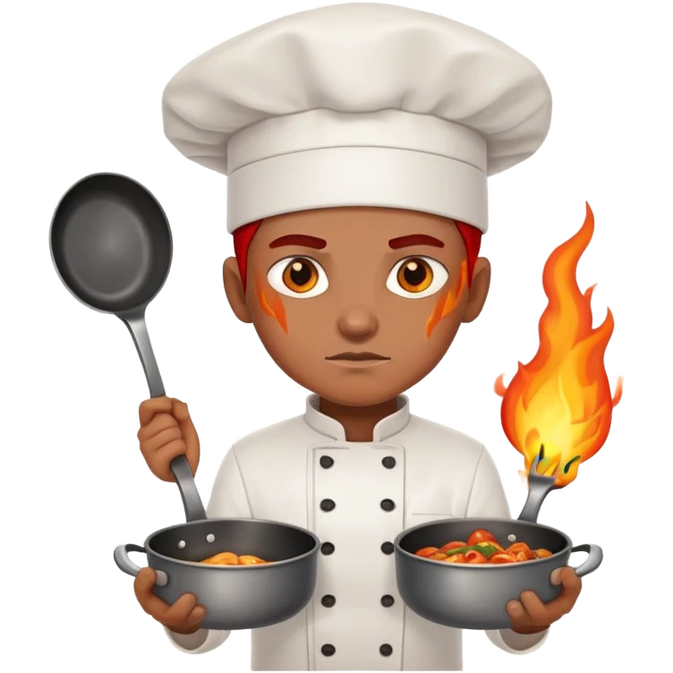 determined chef with fiery eyes, holding two crossed cooking pans defensively across chest emoji