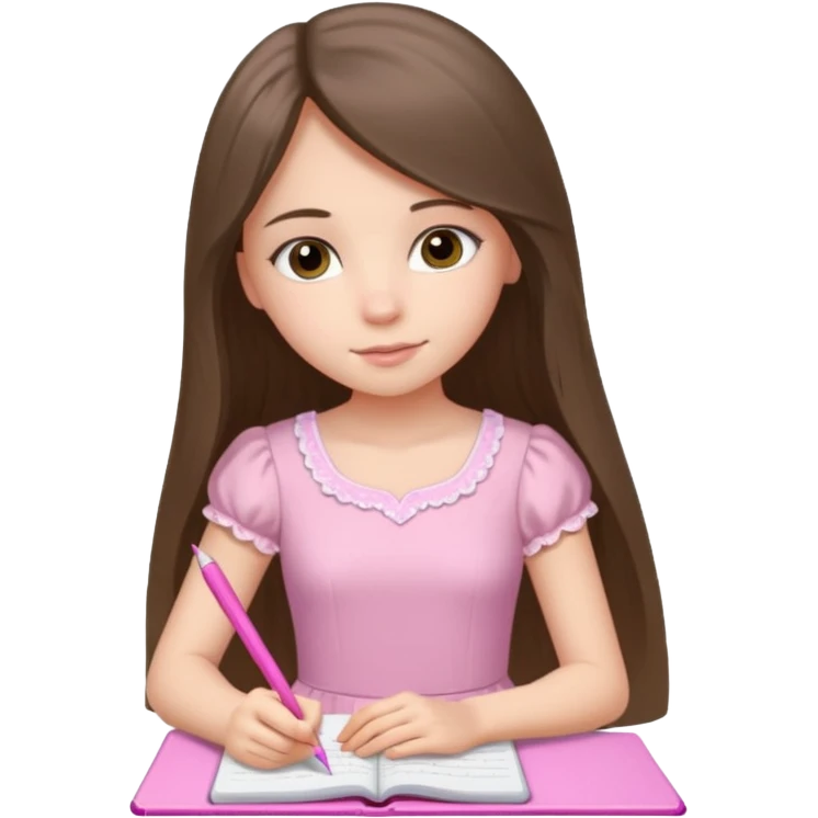 pretty white brunette teen long hair with hazel eyes in a light pink dress writing in a notebook with a pink pen emoji