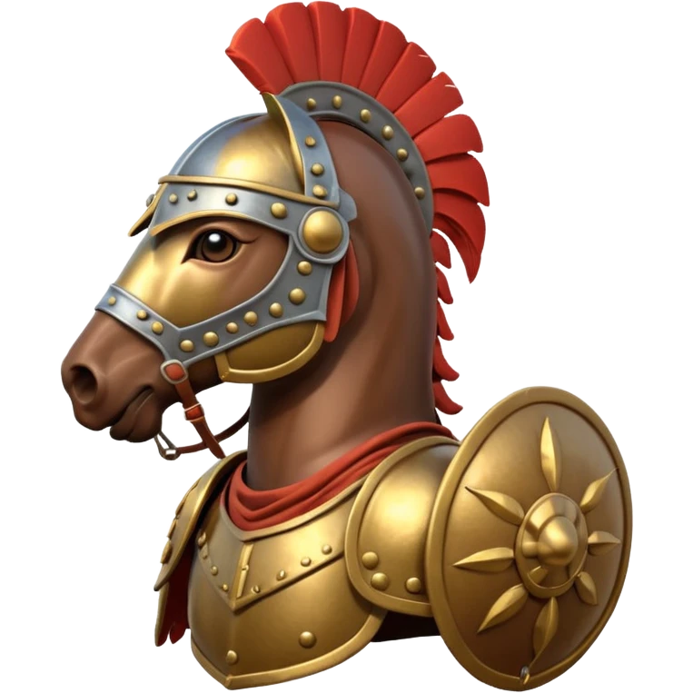 An emoji of a powerful Roman warhorse in full armor, with a feathered helmet. emoji