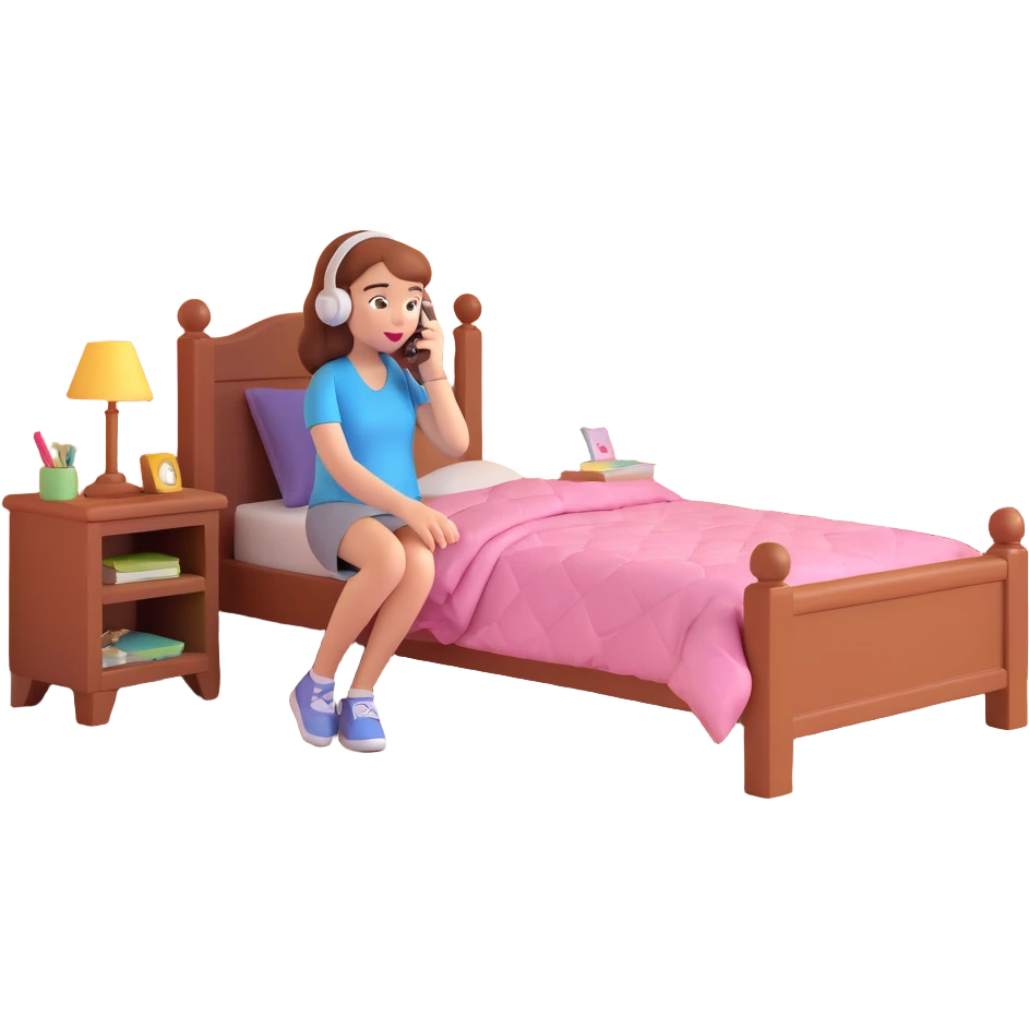 girl talking on phone bedroom background, close up pose emoji