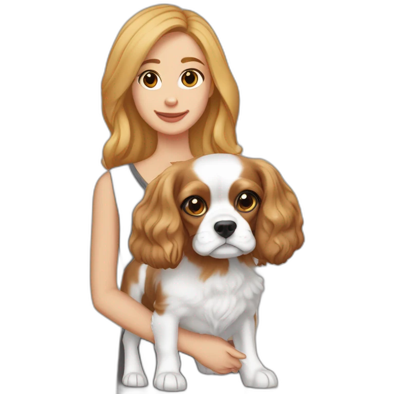 dark blonde girl with grey eyes and light skin holds two cavalier king charles spaniels blenheim and tricolor emoji