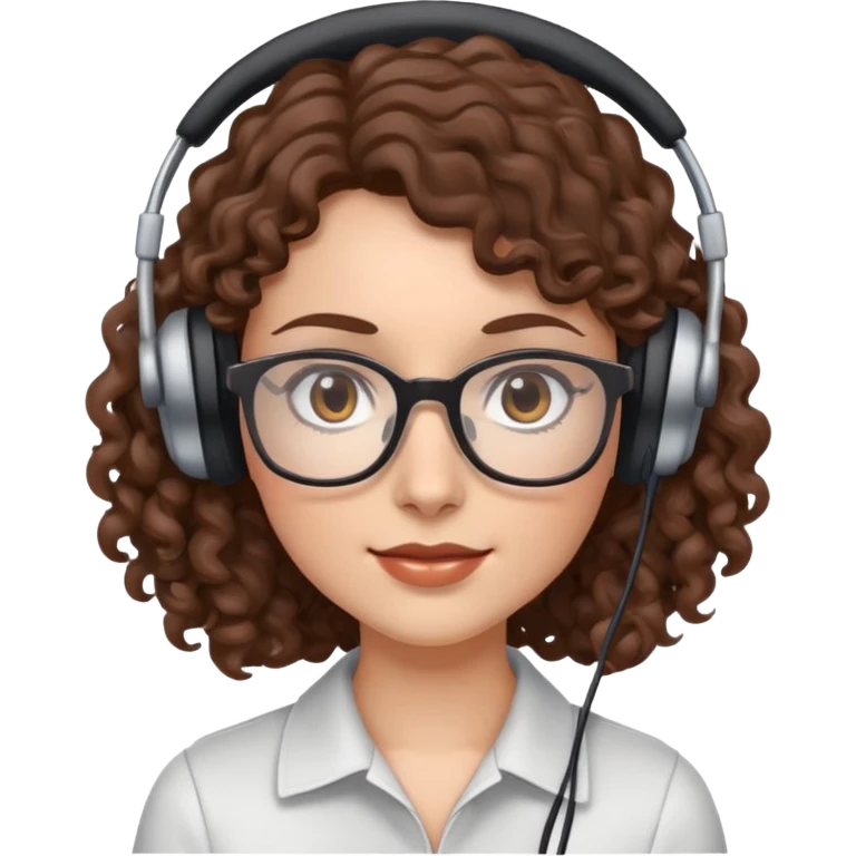 White female  Long Brown curly hair  Dark brown eyes  Small Square glasses  Headset  emoji