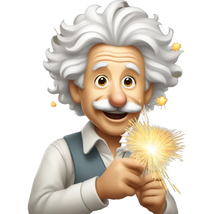 happy albert einstein holding Fireworks  in one hand emoji