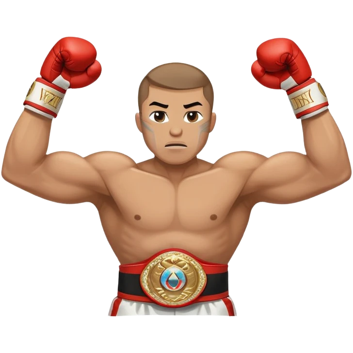 Boxing champion with arms raised in victory, wearing multiple championship belts around waist, determined expression, white hand wraps, muscular cartoon body emoji
