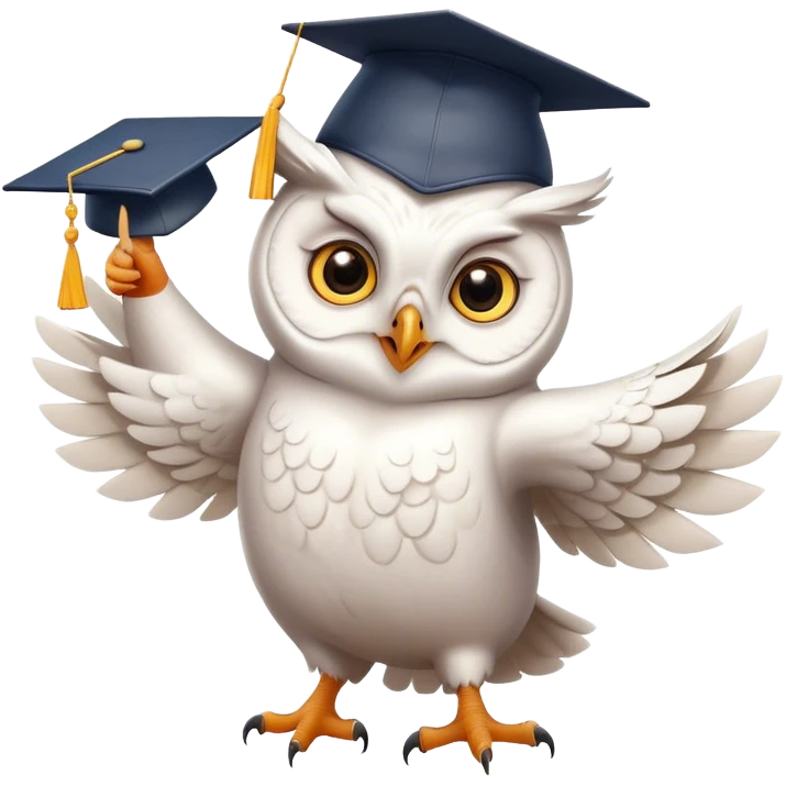 happy white Owl dancing with graduation hat and diploma in claws emoji