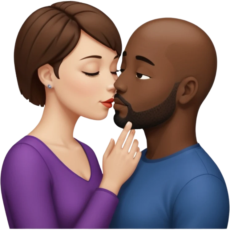 a white woman with short brown hair and a black man with no hair and a beard are facing one each other.  The woman is giving a kiss to the man's forehead emoji