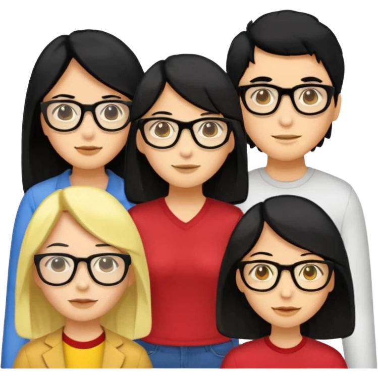 4 persons， 2 female， 2 male, 2male in the middle and 2 female in the side, one female wearing glasses and is black hair, yellow skin, both female are long hair emoji
