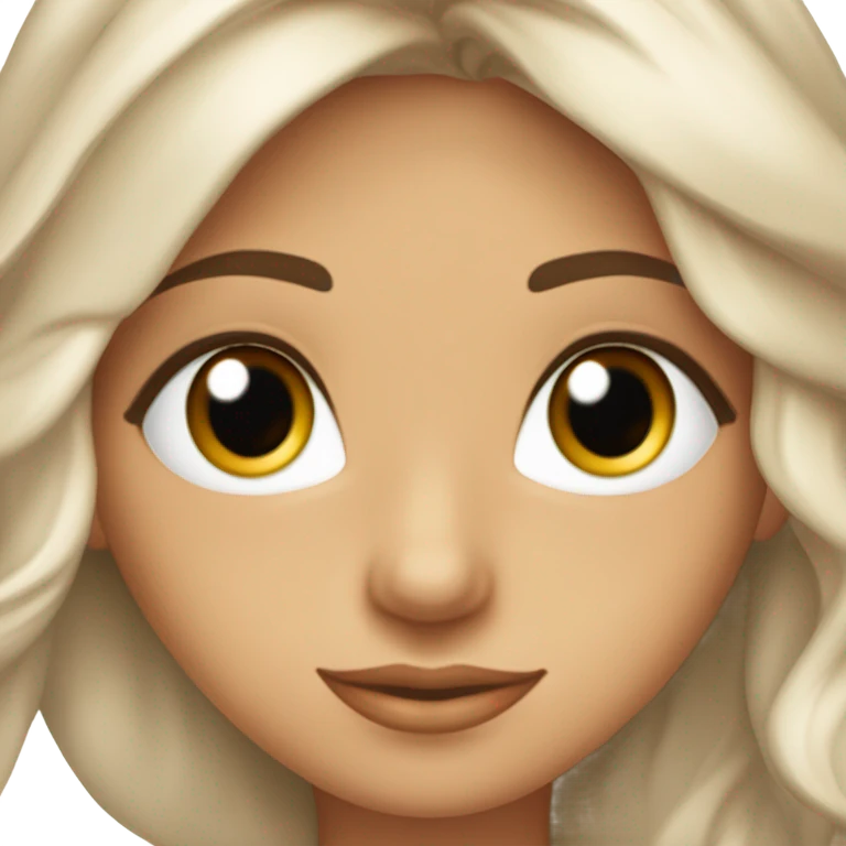 una joven blanca con cabello ondulado cafe fuerte, pestañas largas, ojos almendrados, cejas pobladas  emoji
