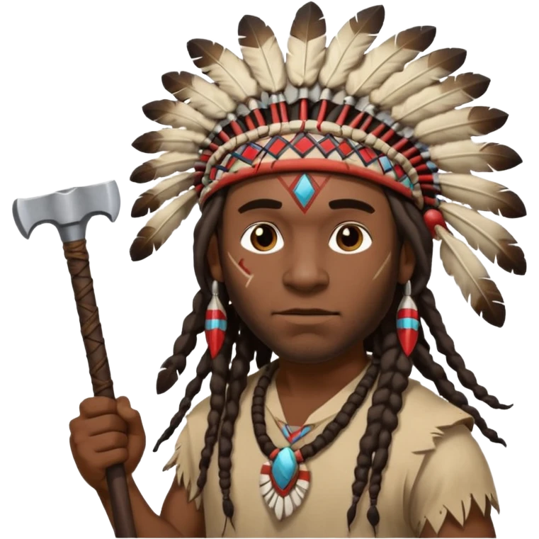Black American man dark brown with dreads with a American Indian headdress throwing a axe emoji