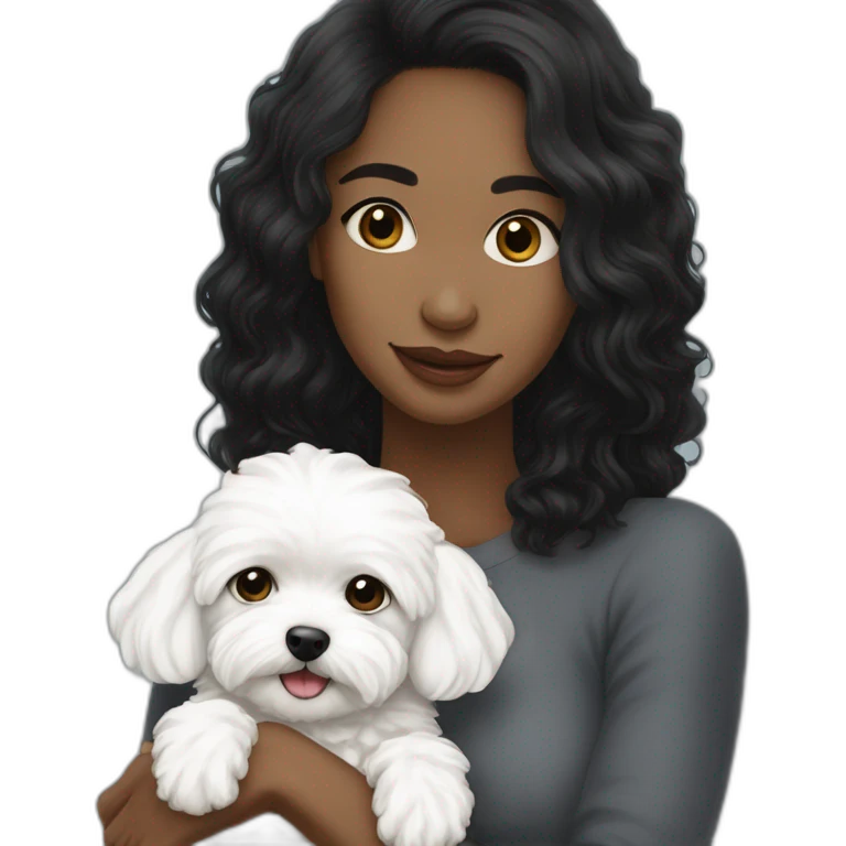 a long-blackish-haired woman hugging white maltipoo emoji