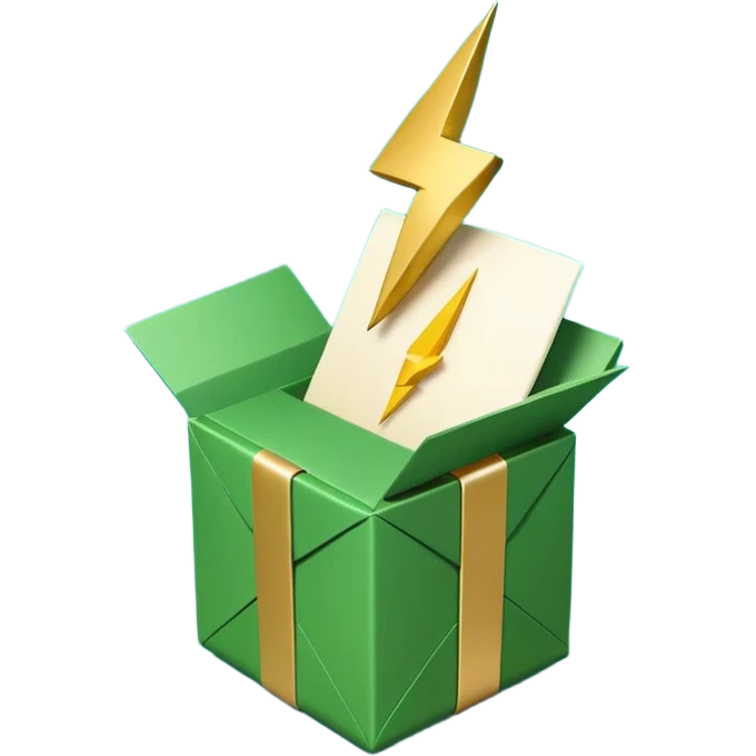 3D minimal open gift box with small floating icons coming out (envelope, lightning bolt, sparkle), matte finish, deep green (#0B3D2C) box, gold (#C9B037) icons, Apple style, ultra minimal, soft shadow, transparent background emoji
