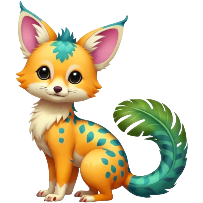 Feral Rare Fantasy vibrant colorful tropical cute, kawaii, cool, ed Vernid-Trico-species by LiLaiRa, random markings, tufted tail, tufted ears, full body, cheek markings emoji