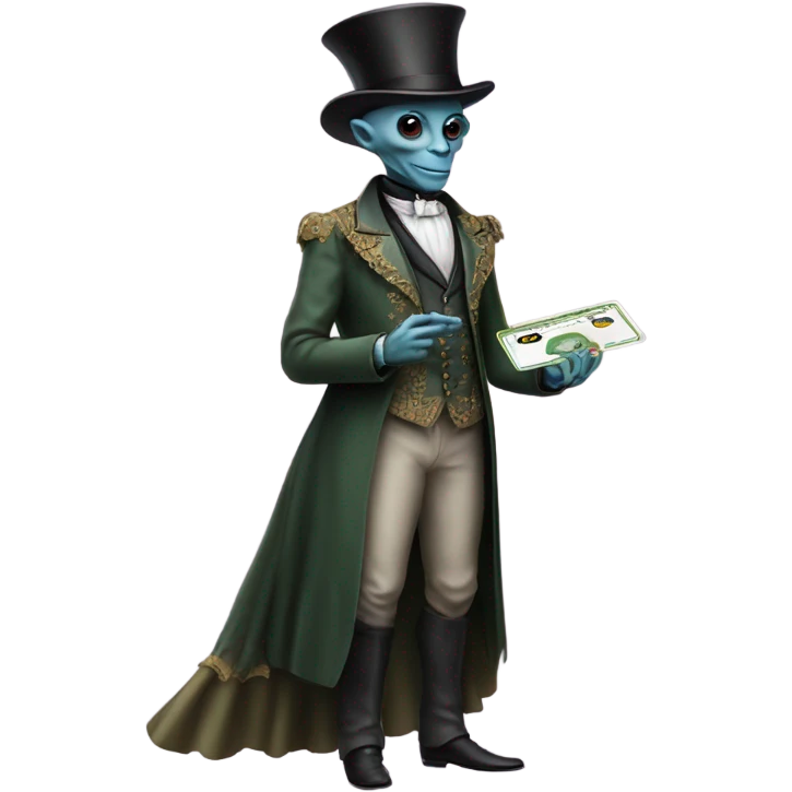 alien galora in Victorian dress elegant, full body, holding big credit card emoji