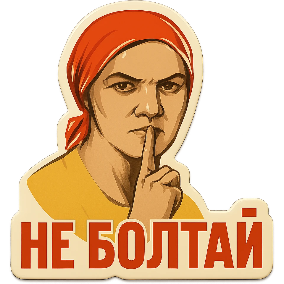emoji of woman in 1940s Soviet attire, finger to lips shush gesture, 'не болтай' in classic propaganda poster font emoji