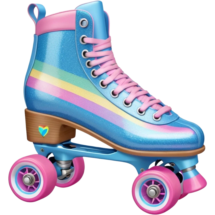 A vintage glitter roller skate with a white leather boot, rainbow stripes, and bright pink wheels. Add a pastel blue lace detail and a faint shadow for a classic 80s vibe.  ' emoji