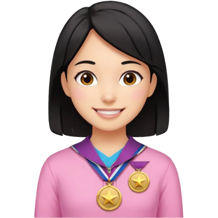 black haired girl wearing pastel pink with medals remove any hats, make her smile emoji