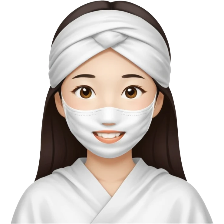 Smiling Asian girl with large white sheet mask pack emoji