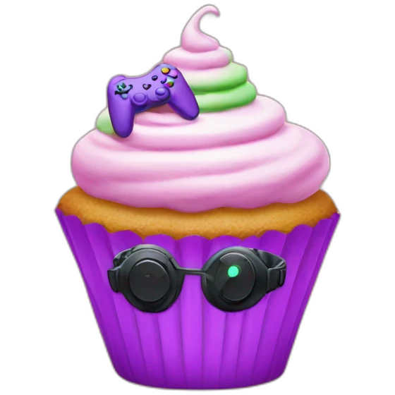 an rgb cupcake with a gaming headset emoji