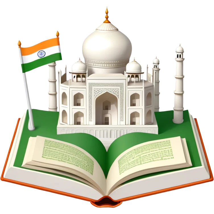 An icon featuring the Taj Mahal and the flag of India, symbolizing the Hindi language. The design includes an open book with hindi text, representing language learning and cultural richness. Transparent background highlights the heritage of India. emoji