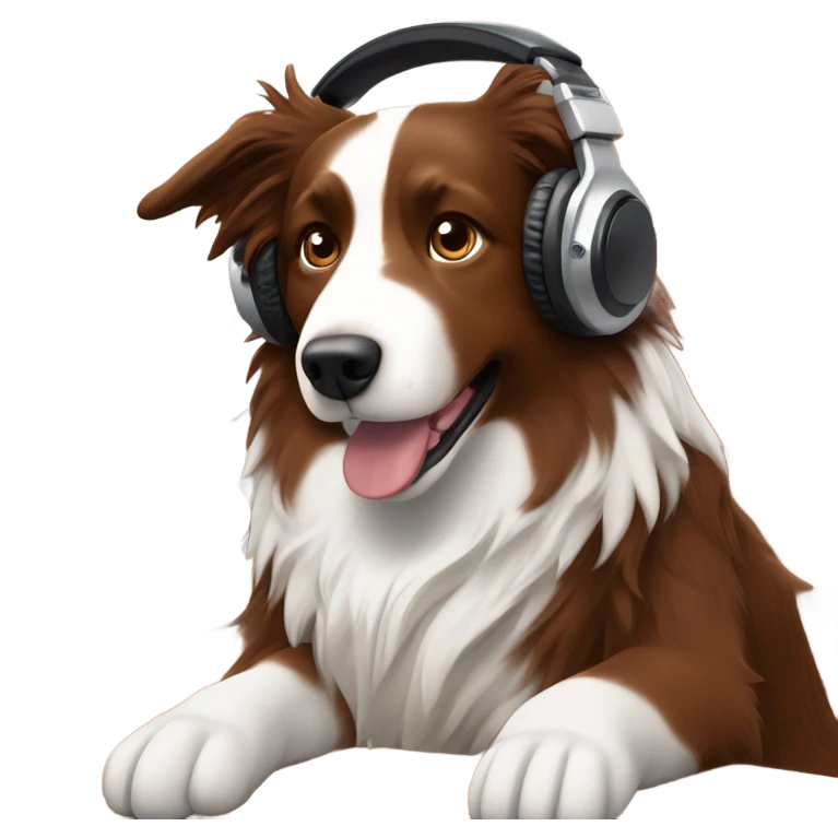 dog that looks like a reddish brown border collie with medium hair with headphones working from home office emoji