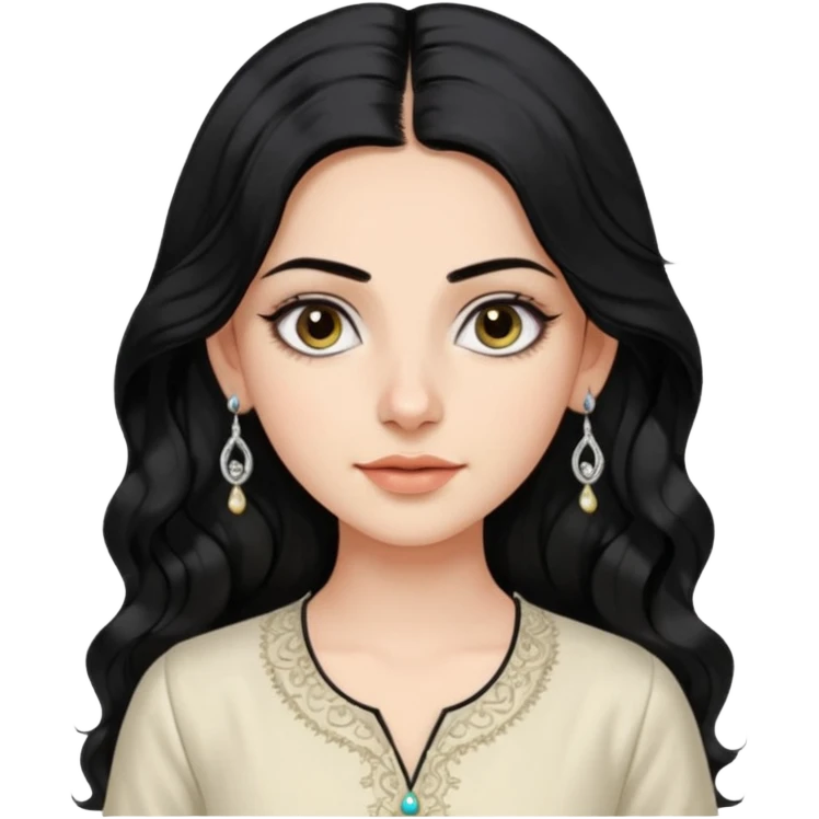 a pretty bratz fair girl with long wavy black hair, kajal under eyes, small silver hoop. ivory coloured kurti emoji