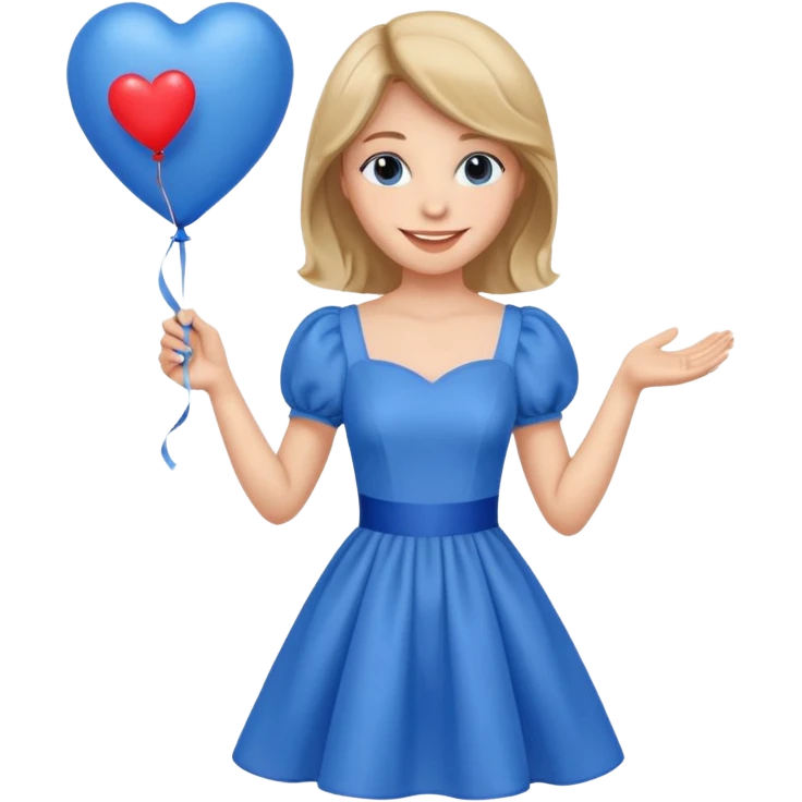 female wearing dress, holding balloon blue heart emoji