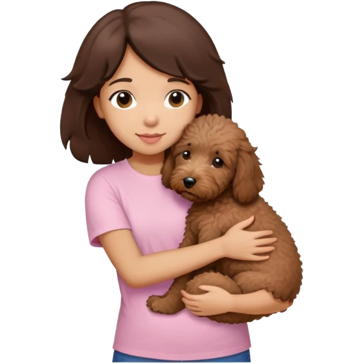 One girl with medium long dark brown hair dressing baby pink T-shirt, hugging One little brown coated labradoodle. emoji