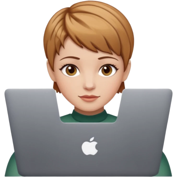 macbook pro white woman pixie haircut light brown hair hazel eyes emoji