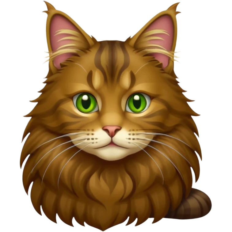je veux un emoji chat main coon marron foncé  à poil long avec les yeux vert jaunes, je veux qu’il soit en entier assis stp  emoji