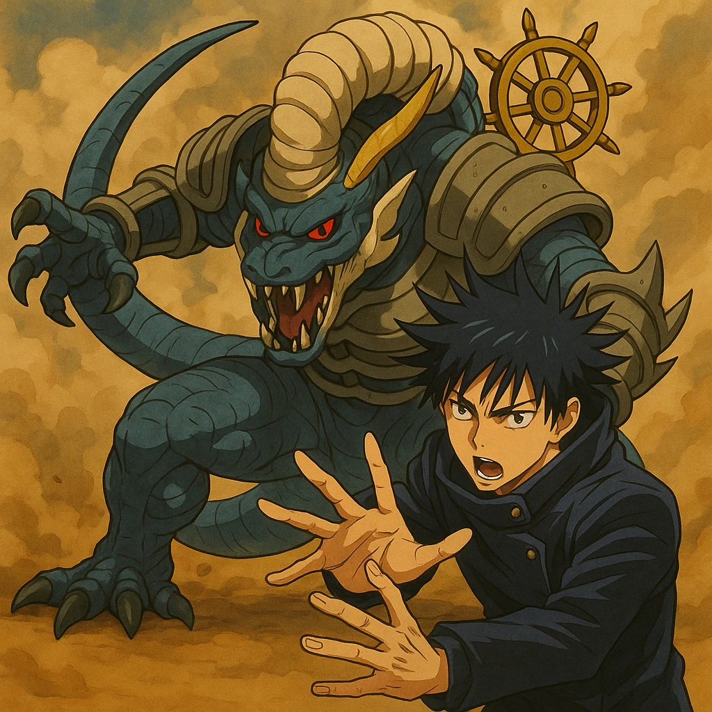 Add Megumi Fushiguro in a summoning pose next to Mahoraga in a dynamic anime style, keeping a detailed look with both characters visible. emoji