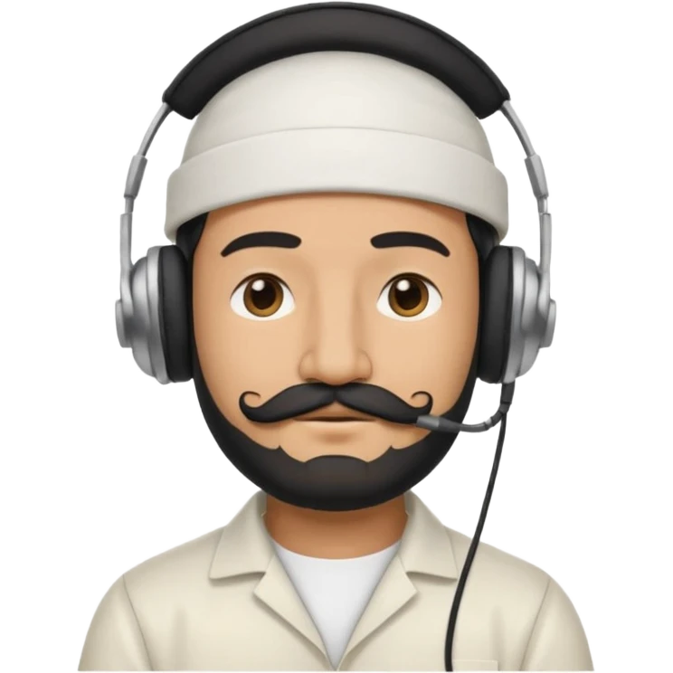 Half body man wearing white topi, lapray, black beard and moustache, headphones, eyes closed, realistic emoji style. emoji