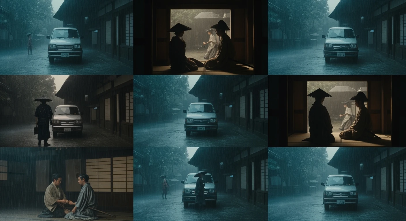 A story set in Japan in 1185, in the style of Wes Anderson, with symmetrical framing, pastel-toned rain, and cinematic depth of field, captured as if by an Arri Alexa. Each scene is a wide shot with motion blur, a rainy atmosphere, and tense mood, visually connecting all slides. emoji