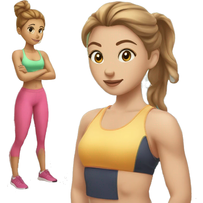 young lady with big greenish eyes, a round nose, light brown hair tied up in a bun with a muscular woman doing spinal exercises at the gym emoji