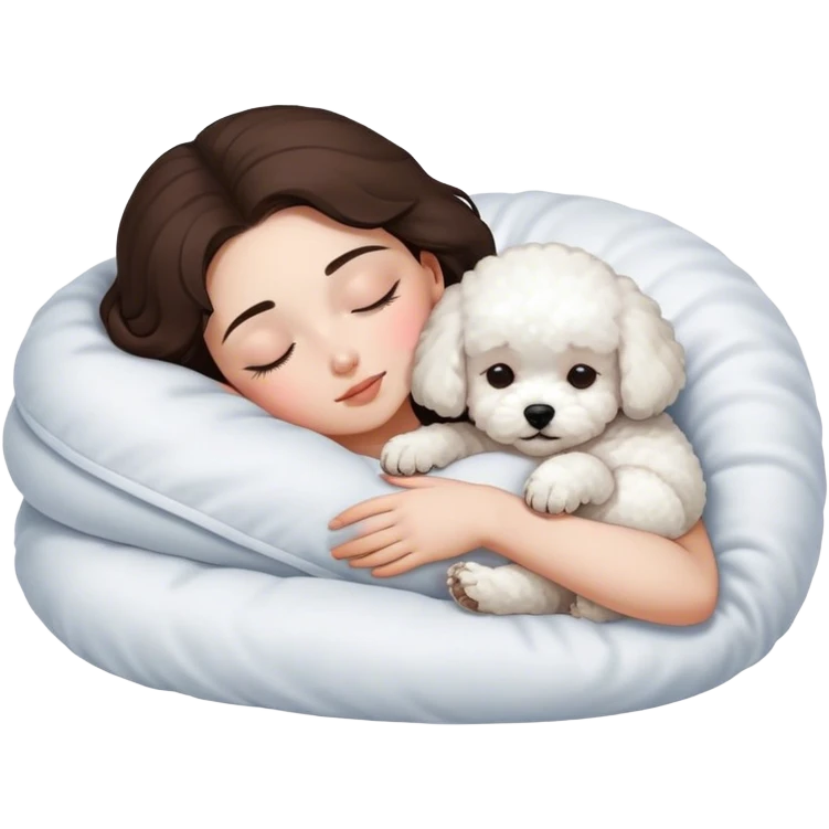 White bichon frise dog sleeping on brunette white girl's lap emoji