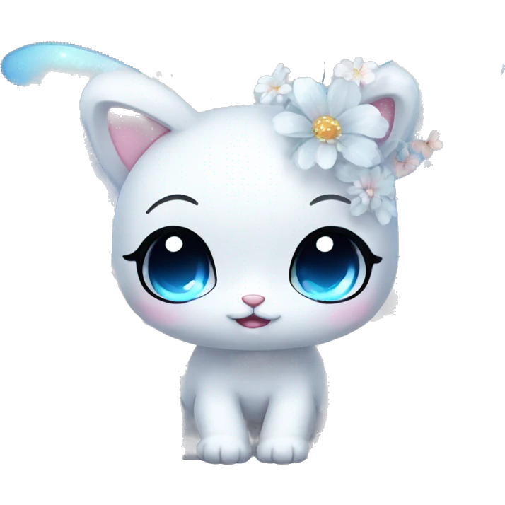 Edgy Cute Cool Kawaii gorgeous sparkly ethereal white fantasy animal with blue eyes sona with flowers and butterflies emoji