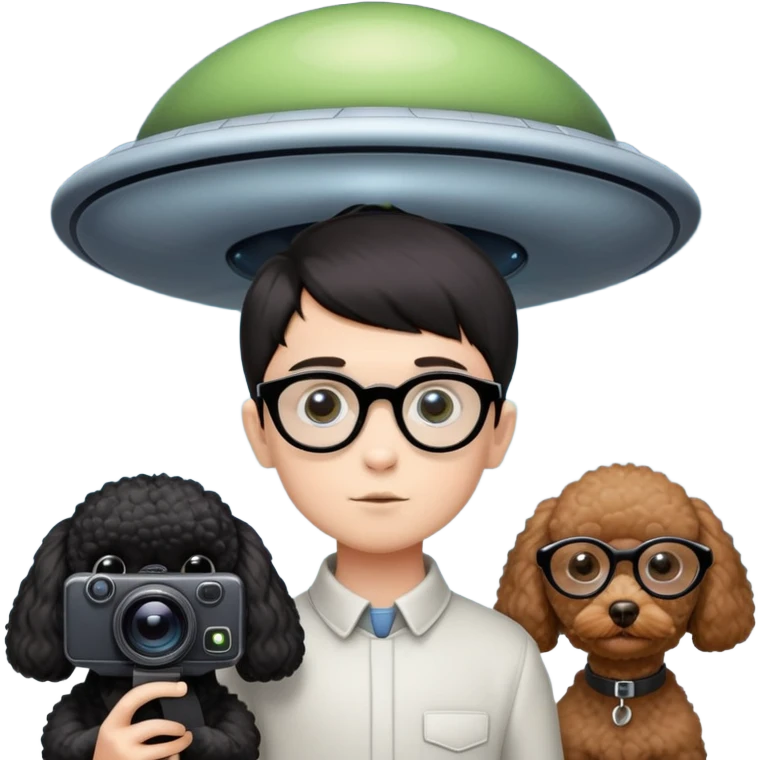 A little boy with straight black medium-length hair, white skin, and black eyes wearing black-framed glasses is taking photos on a UFO with a camera. Beside him, there is an alien and a brown round-headed poodle. emoji