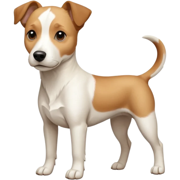 a full body facing front on of a buff white beagle cross jack russell terrier looking dog the size of a kelpie with light brown long ears resting on its face and a light brown patch above one eye and a large snout. the rest of the dog is completely white.  emoji
