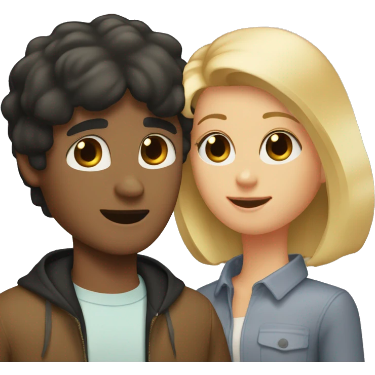 a guy with dark hair and a girl with blond hair and a bob and between them a little black Spitz emoji