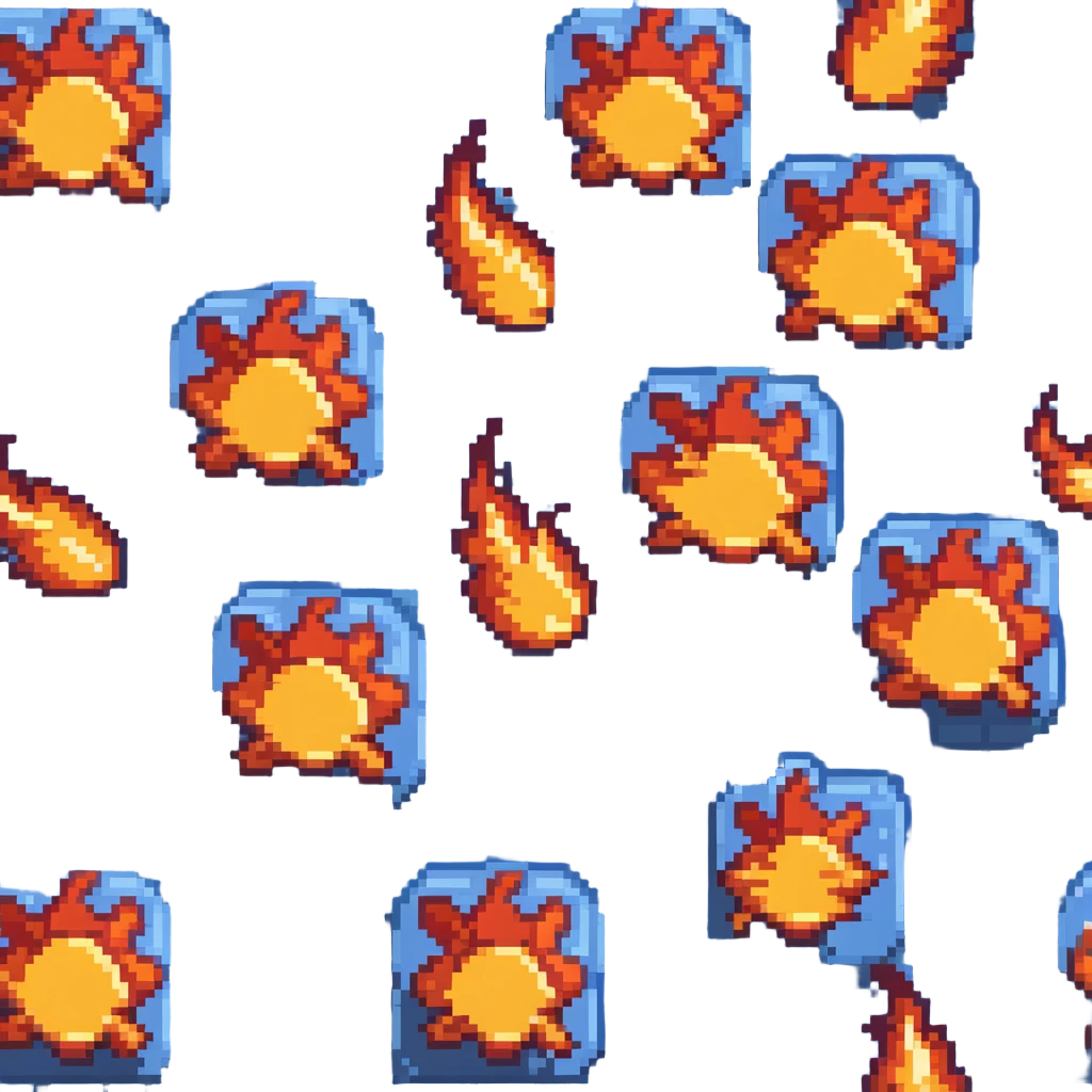 Bomberman horizontal explosion tile, flames extending left to right across full width, bright orange and yellow core with red edges, flames about 60% of tile height, centered vertically, flame wisps details emoji
