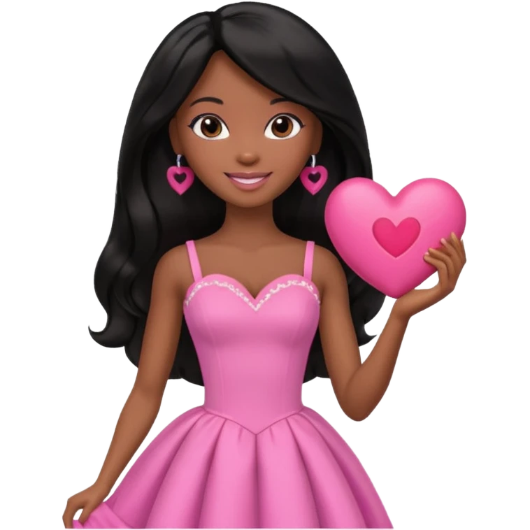 Black barbie, long black  hair, pink dress holding big heart that says heart me emoji