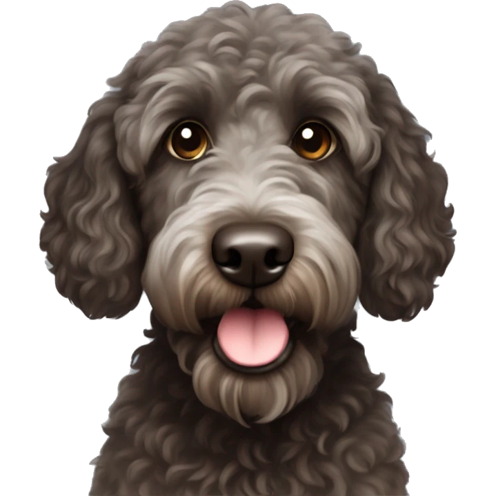 A dark brown small labradoodle with a few grey hairs  emoji