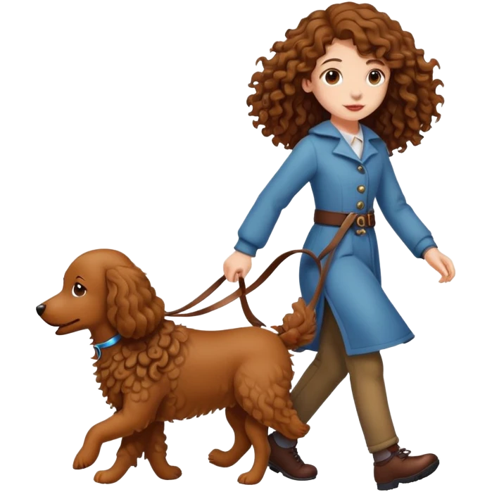 A long-haired girl walking a brown curly dog emoji