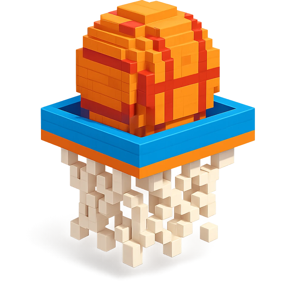 Voxel-style basketball in a net, variation 8 emoji