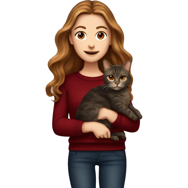 White girl with brown long wavy hair holding a tortoiseshell cat and wearing a dark red sweater with dark jeans emoji