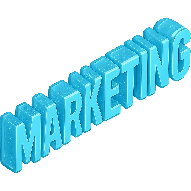 The word "MARKETING", cyan blue emoji