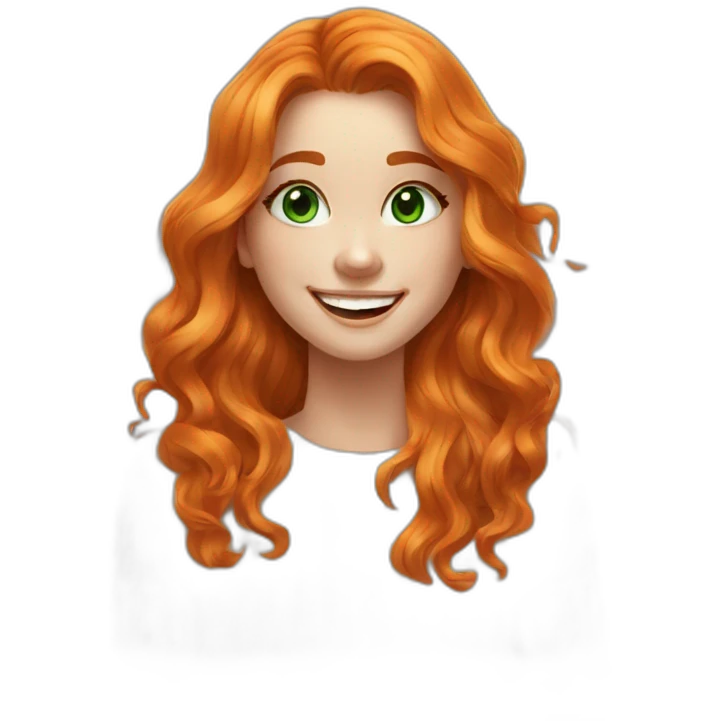 beautiful girl, white, with orange/ginger long loose wavy hair, green eyes, smiling, good teeth, white sweater, she laughs and waves her hand, realistic drawing emoji