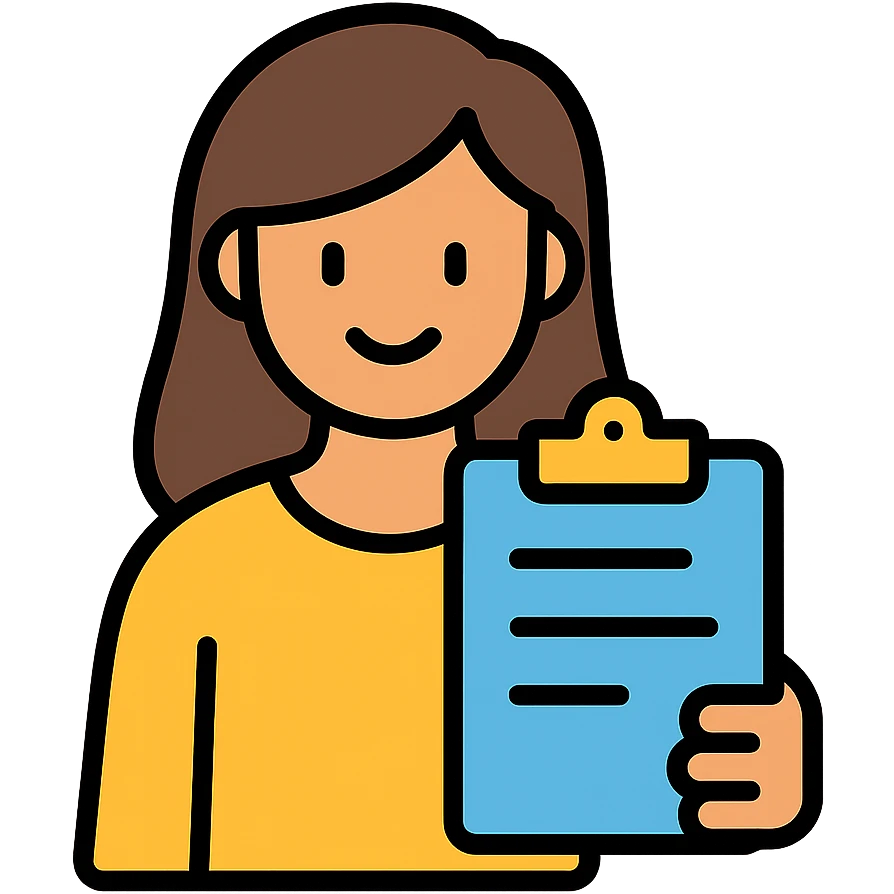 female character holding a clipboard, smiling, color outline icon style emoji